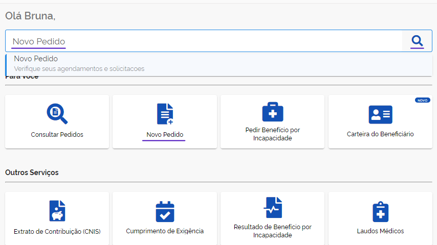Novo pedido no Meu INSS