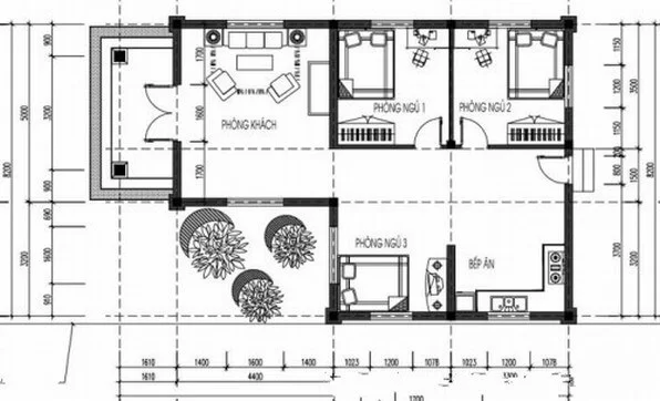 Bản vẽ nhà cấp 4 3 phòng ngủ chữ L 