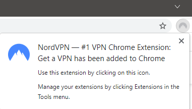 Meddelande om att NordVPN-tillägget har lagts till i Chrome 