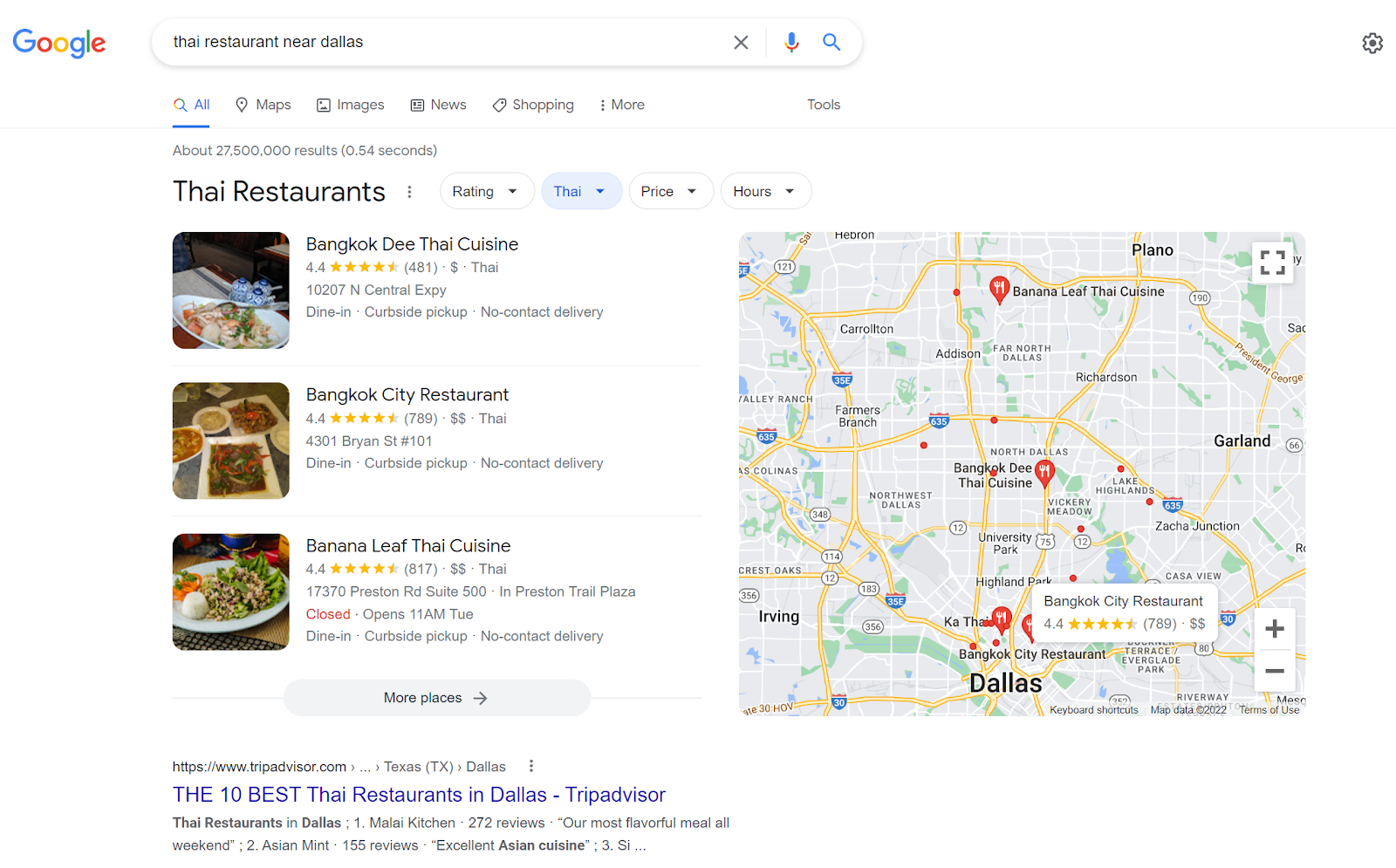 "Thai restaurant near Dallas" on local search with the map