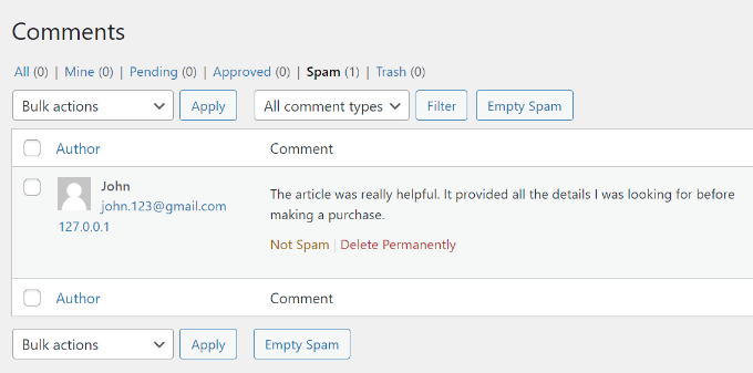 Clique no botão não spam