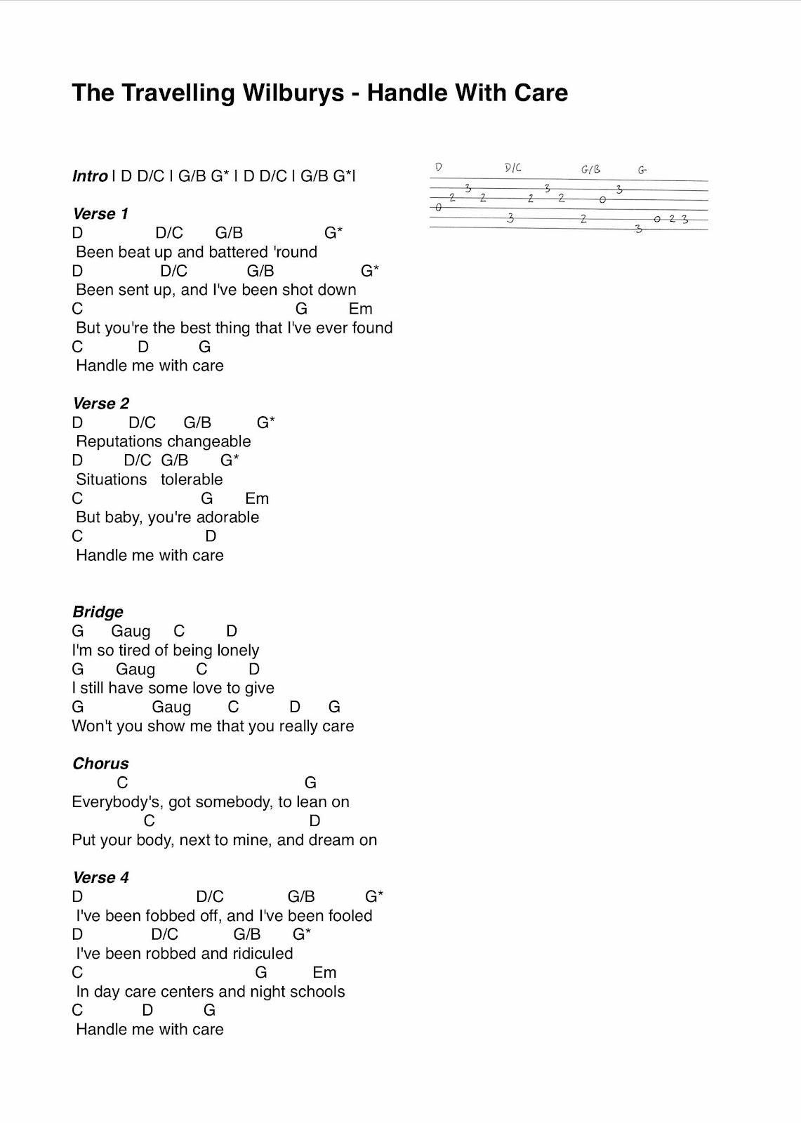 travelling wilburys chords handle with care