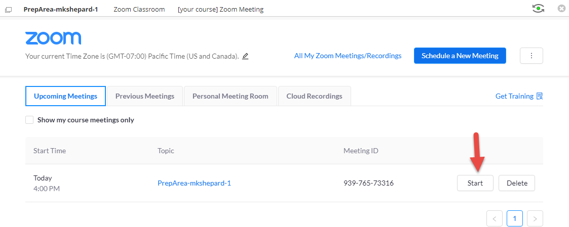 Screenshot of Zoom meetings with arrow pointing to Start