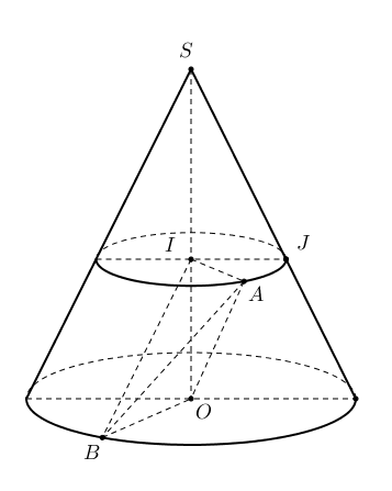 Cho hình nón (left( T right)) đỉnh (S), có đáy là đường tròn (left( {{C_1}} right)) tâm (O), bán kính bằng 2, chiều cao hình nón (left( T right)) bằng 2. Khi cắt hình nón (left( T right)) bởi mặt phẳng đi qua trung điểm của đoạn (SO) và song song với đáy của hình nón, ta được đường tròn (left( {{C_2}} right)) tâm (I). Lấy hai điểm (A) và (B) lần lượt trên hai đường tròn (left( {{C_2}} right)) và (left( {{C_1}} right)) sao cho góc giữa (overrightarrow {IA} ) và (overrightarrow {OB} ) là ({60^0}). Thể tích của khối tứ diện (IAOB) bằng</p> 1