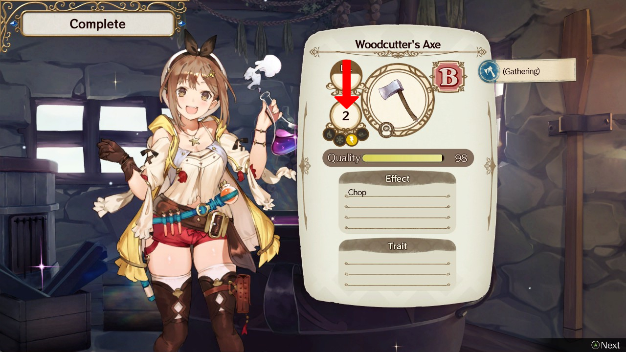 Synthesizing a Woodcutter’s Axe with Lightning Element Level 2. | Atelier Ryza: Ever Darkness & the Secret Hideout