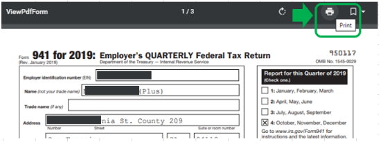 Click on the Printer icon to print form 941 from Quickbooks