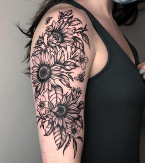 Detailed Sunflower Tattoo Design On Shoulder 