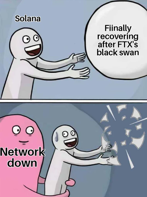 Meme about solana finally recovering after FTX's black swan, then network down