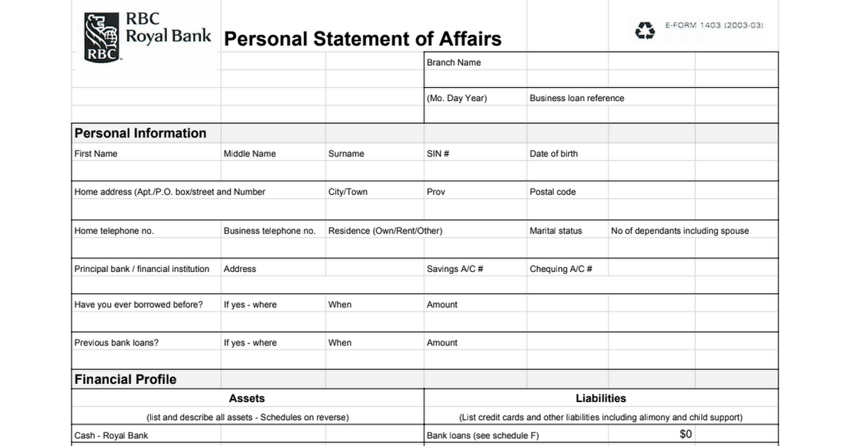 rbc personal statement of affairs e form 1403