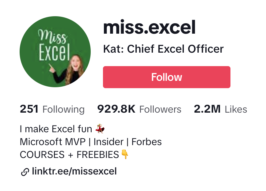 Screenshot of the Miss Excel TikTok account. She has nearly 1 million followers.