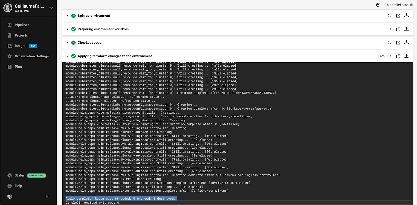 Pipeline do CircleCI com a aplicação das mudanças realizadas pelo projeto Terraform que foi configurado através da fórmula do Ritchie CLI.