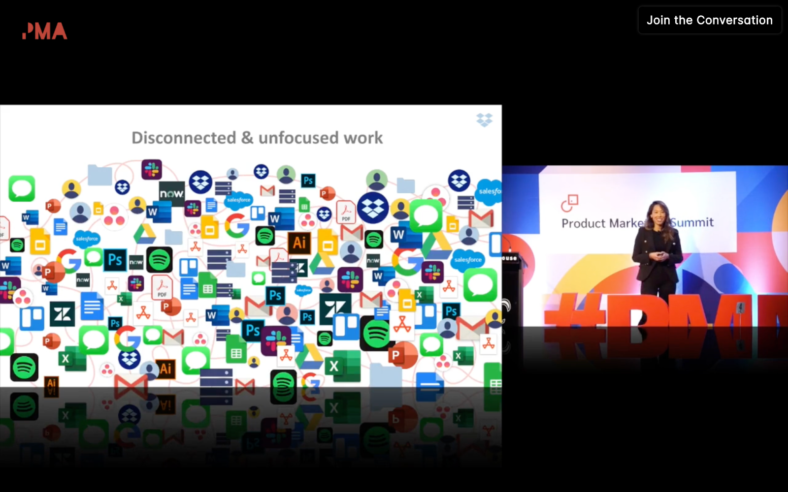 Image from the presentation of a jumble of logos looking chaotic and the title that says "Disconnected and unfocused work".