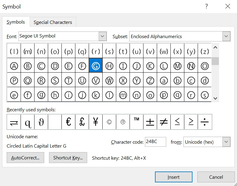 searching for Uppercased Circled G symbols using the character code