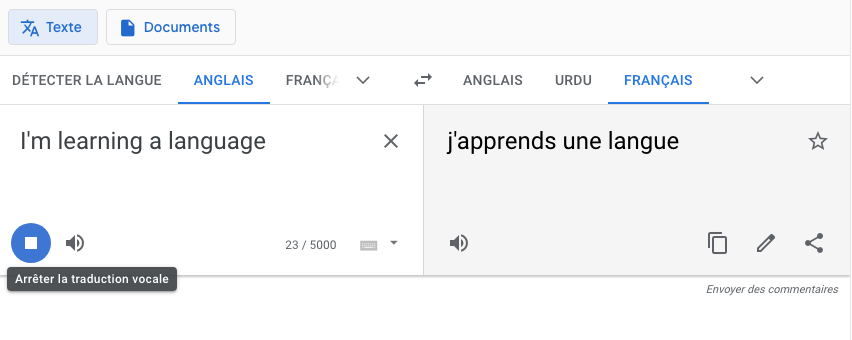 Exemple de saisie vocale sur Google Translate