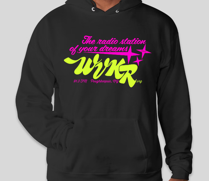 A black sweatshirt with the the purple text "The radio station of your dreams" above the WVKR logo.
