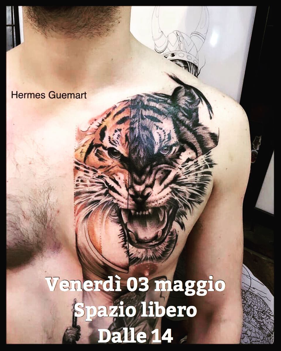 Half Black Half Colored Tiger Chest Tattoo