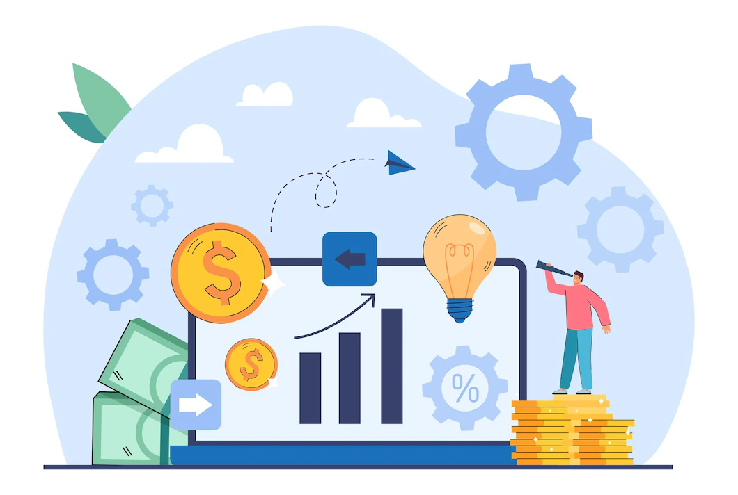 Representation of business innovation with multiple elements: financial services, currency,  financial technology