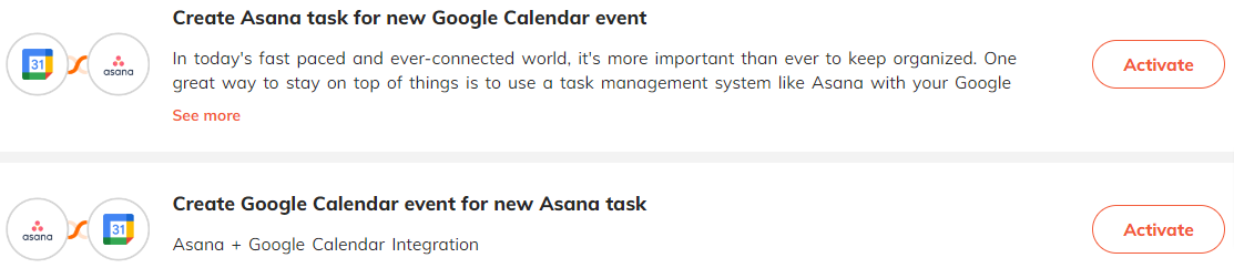 Popular automations for Asana & Google Calendar integration.