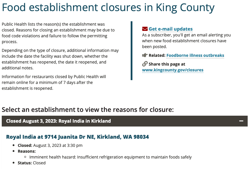 Royal India Kirkland shut down for health hazards