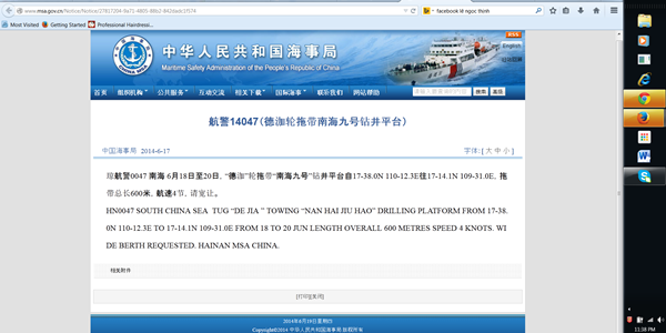 Trang tin của Cục hải sự Trung Quốc thông báo việc di chuyển giàn khoan Nam Hải đến cửa nam Vịnh Bắc Bộ