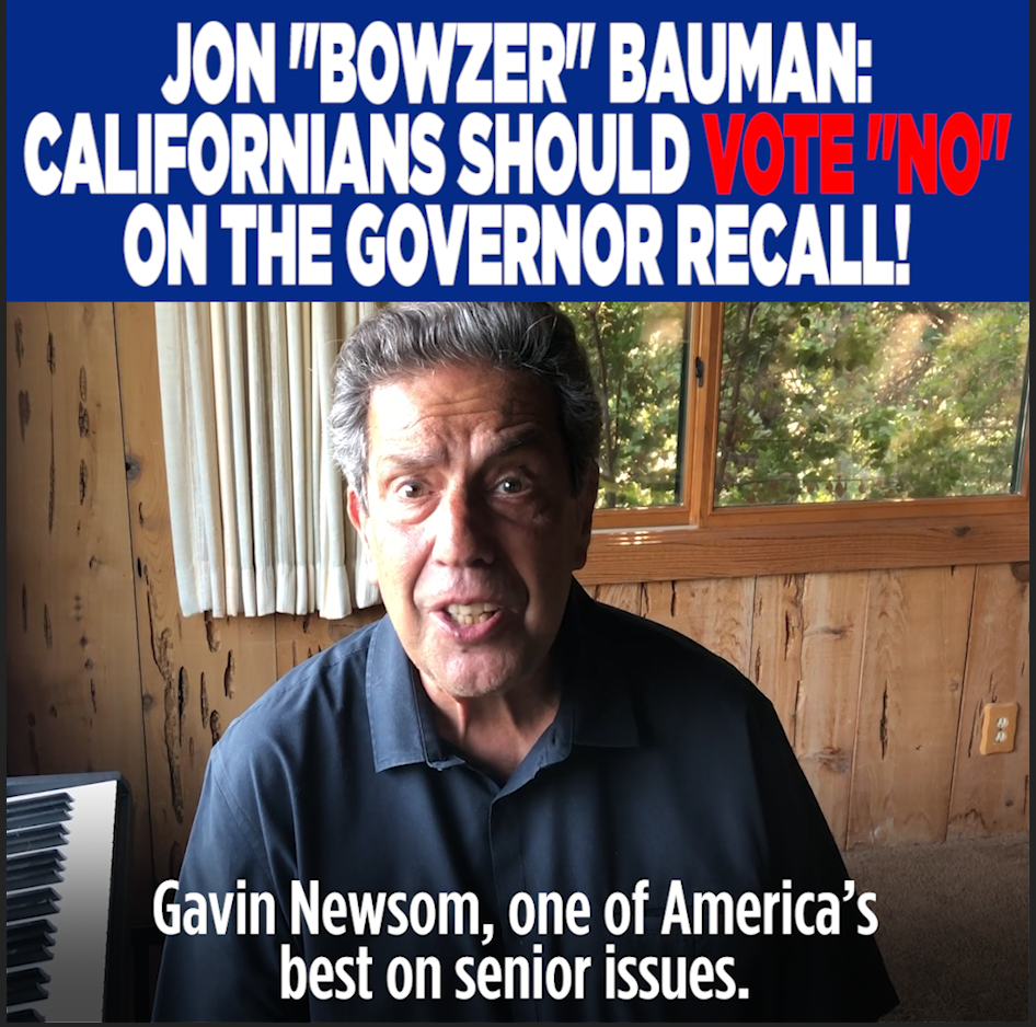 Screenshot of Bowzer's video, with heading Jon Bowzer Bauman: Californians should vote no on the governor recall!