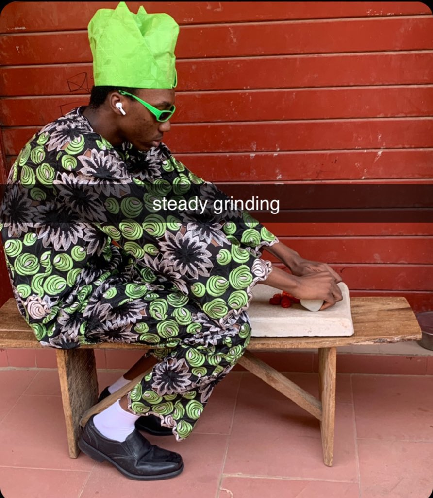 Meme depicting a male person using a local grinding stone, with the words "steady grinding".