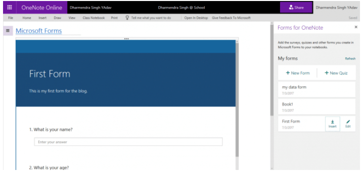 Microsoft Forms - Sådan gemmer du resultaterne af dit spørgeskema, quiz eller undersøgelse i OneNote. Her ses hvordan en importeret Form ser ud i OneNote.