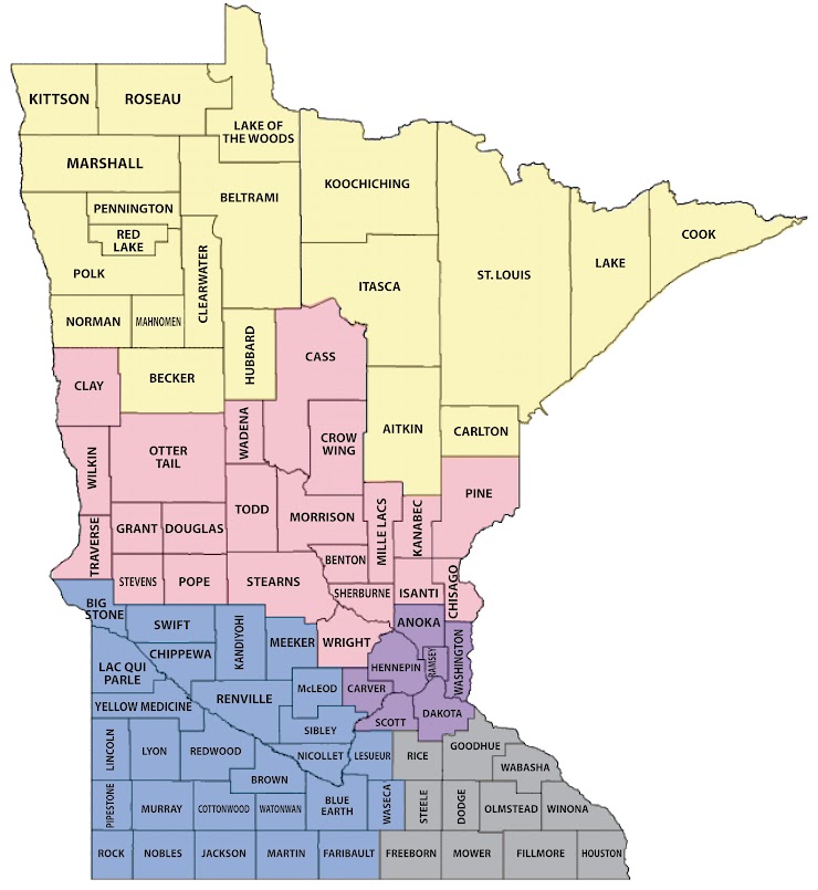 A map of Minnesota with 5 regions color coded.