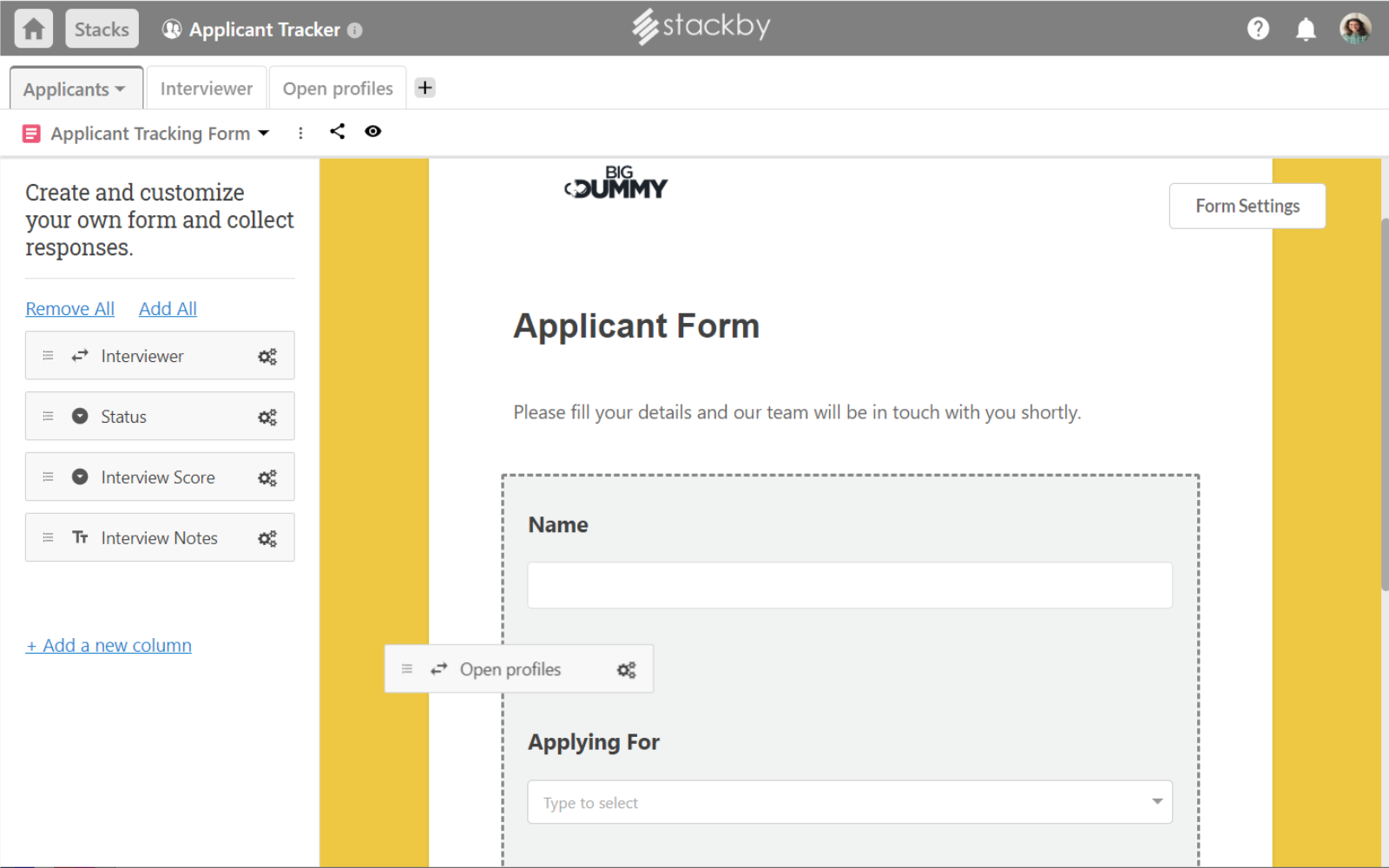 Drag and Drop Form Builder to create Applicant Tracking Form