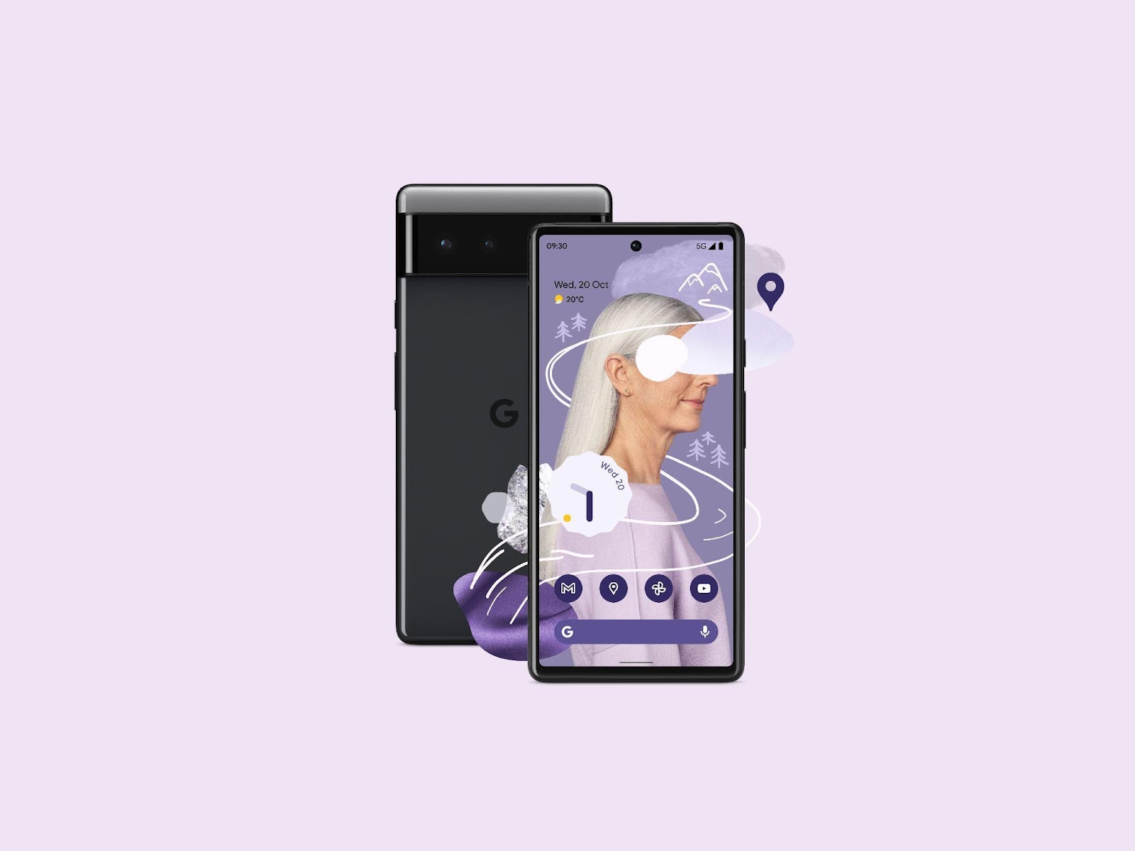 Dispositivo Pixel 6 de frente y dorso con efectos visuales sobre la fotografía de una mujer.