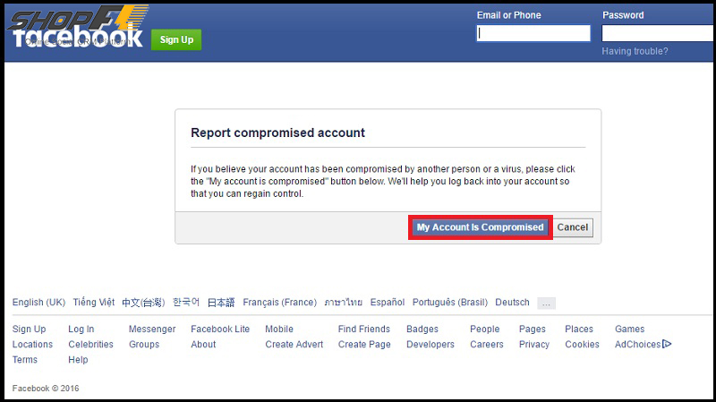 trang báo cáo tài khoản bị hack 