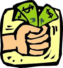 [Image is a drawing of a light skinned hand grabbing three green $ bills. The background is a yellow square.]