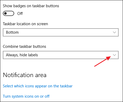 combining taskbar buttons in settings