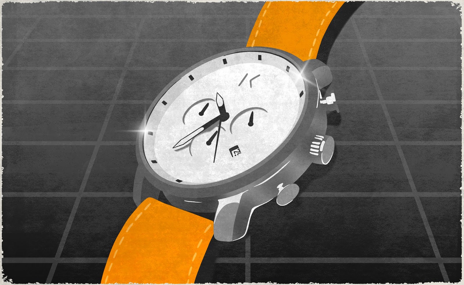 illustration of a white and silver watch with a tan band