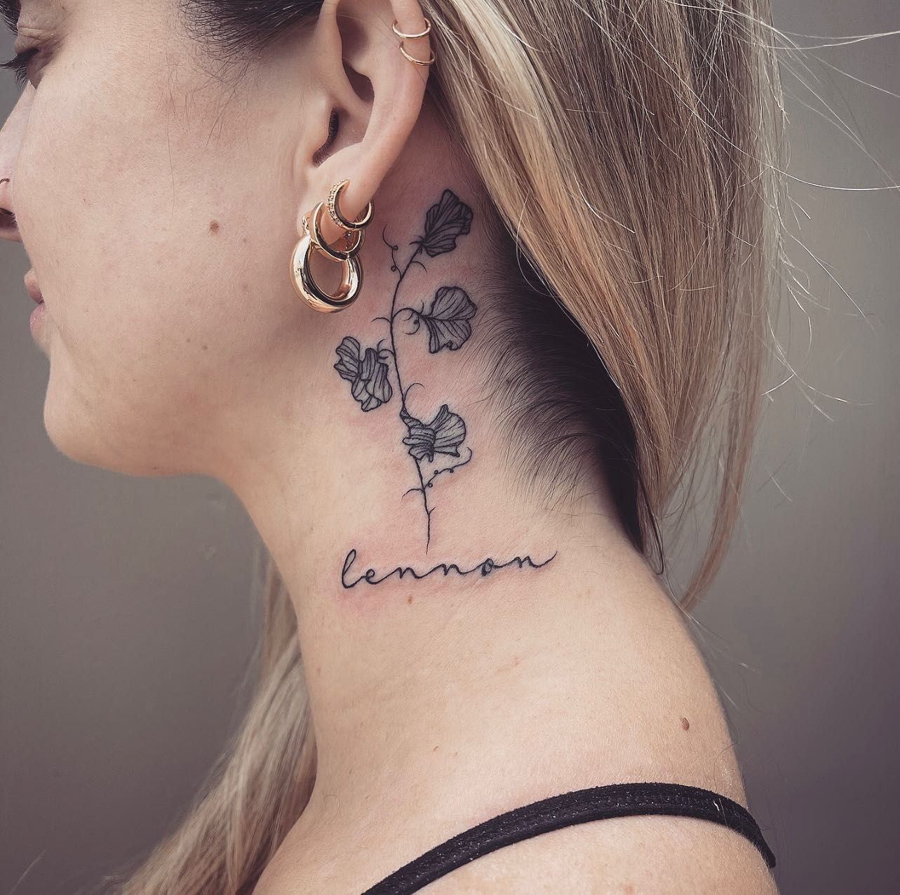 Flower Branches with Name Behind The Ear Tattoo