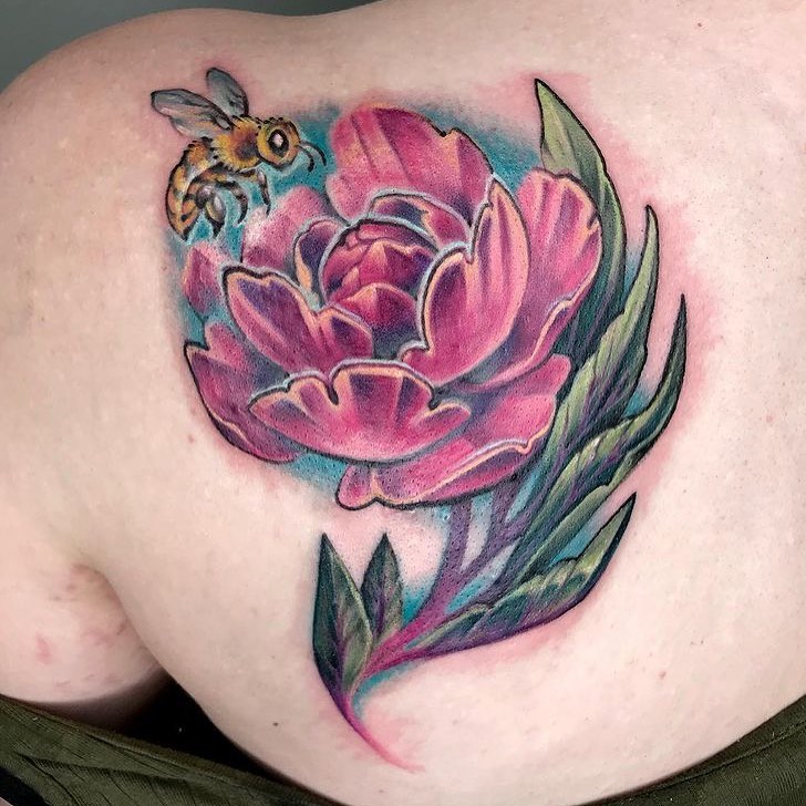  Flower & Honey Bee Tattoo