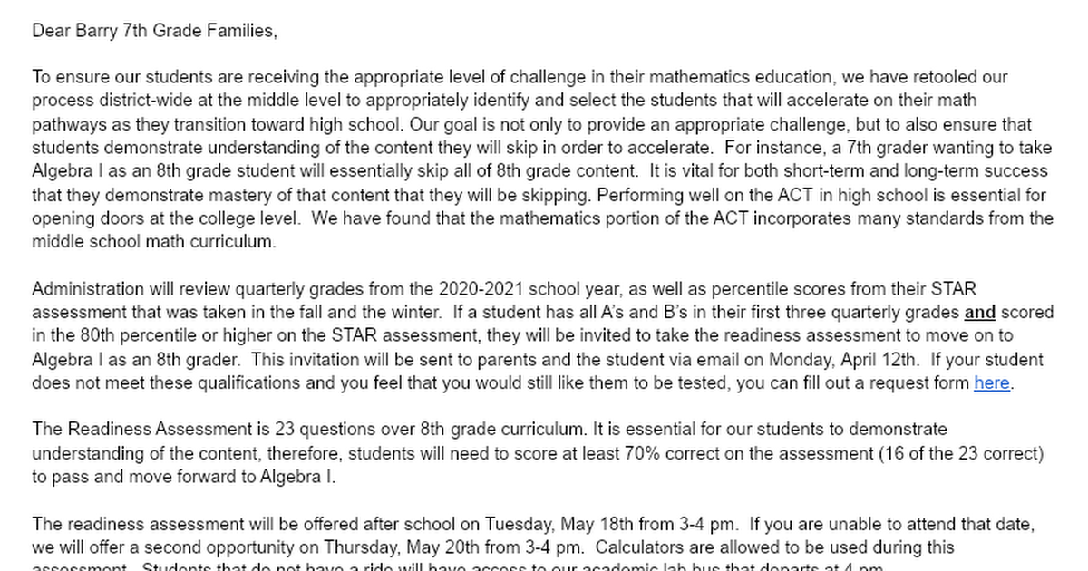 Current 7th Graders - Math Pathways Letter 2021 