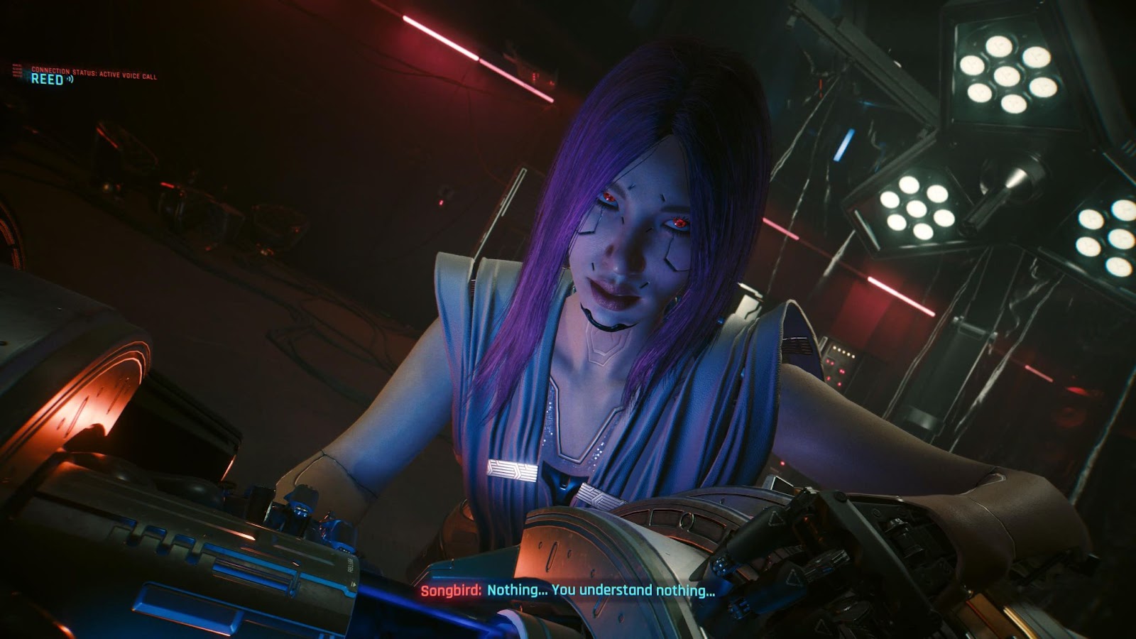 An in game image of the character Songbird from the game Cyberpunk 2077.