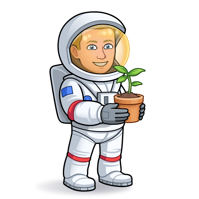 Bitmoji of Dr. Brown with a potted plant and wearing an astronaut suit.