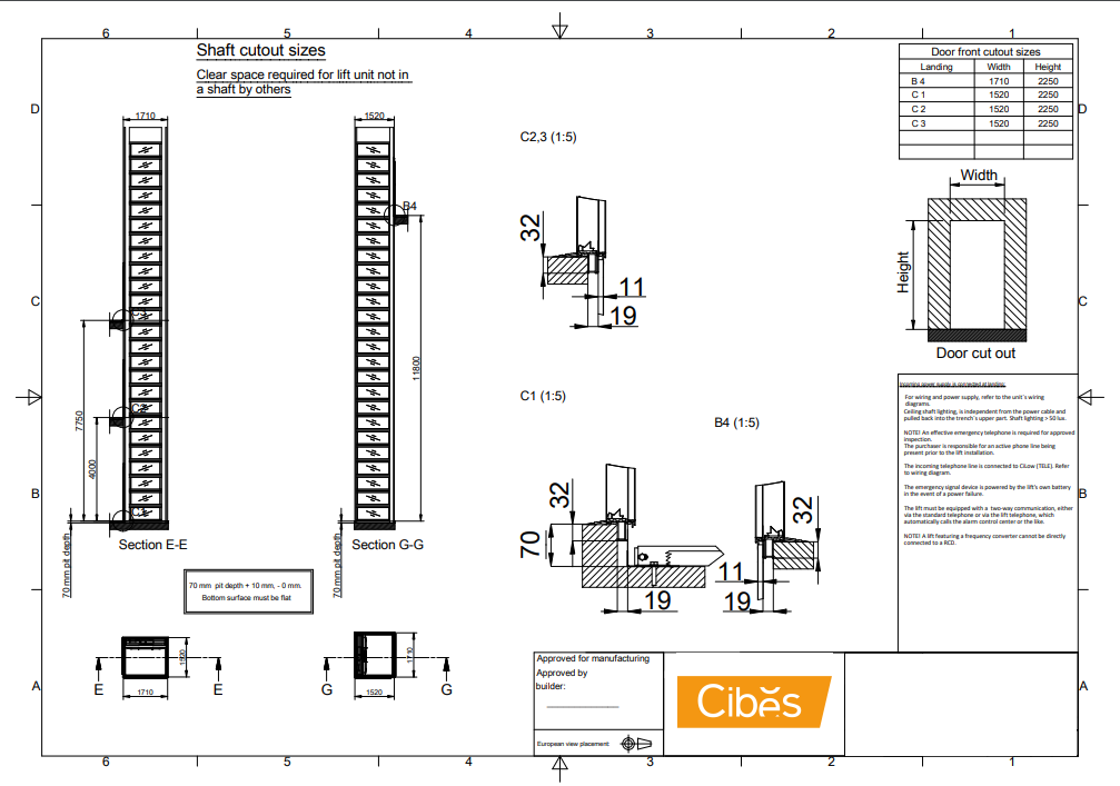 Bản vẽ giếng thang Cibes A5000 - 1520x1760mm