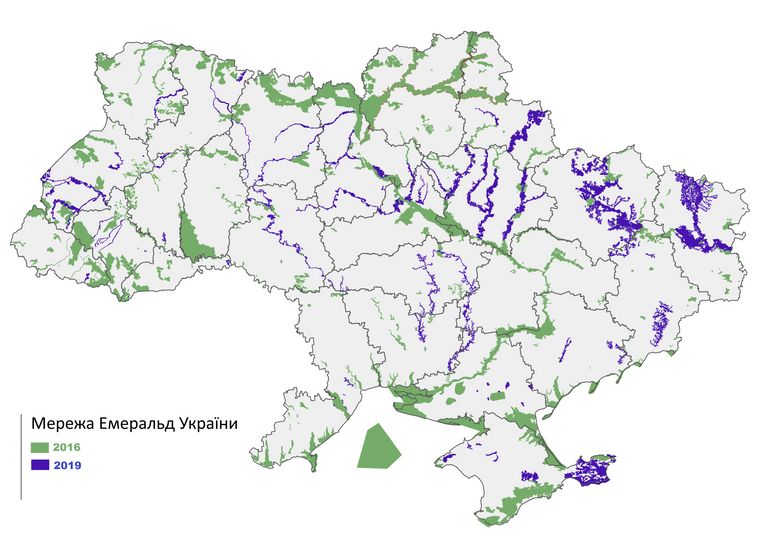 Карта территорий, входящих в «Изумрудную сеть» Украины