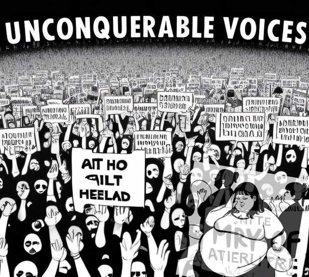 A cartoon showing a distorted crowd holding up banners full of incomprehensible letters