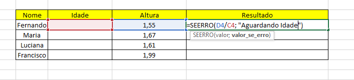 Colocando parâmetro mensagem de erro na planilha