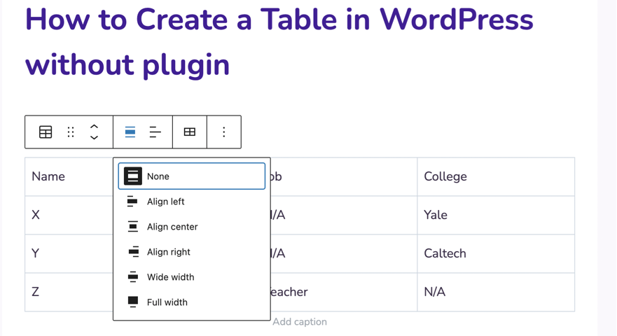 how to change table alignment on wordpress