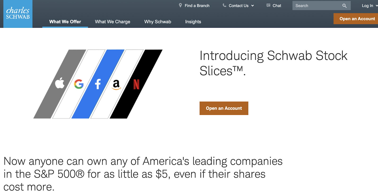 Contact Us 
charles 
SCHWAB 
What We Offer 
What We Charge 
Why Schwab 
Find a Branch 
Insights 
Chat 
i 
Search 
.1 
q 
Log In 
Open an Account 
Introducing Schwab Stock 
SlicesTM 
Open an Account 
Now anyone can own any of Americals leading companies 
in the S&P 5000 for as little as $5, even if their shares 
cost more. 