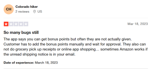 A negative Fetch Rewards review from a user who claims they did not receive all of the points they should have. 