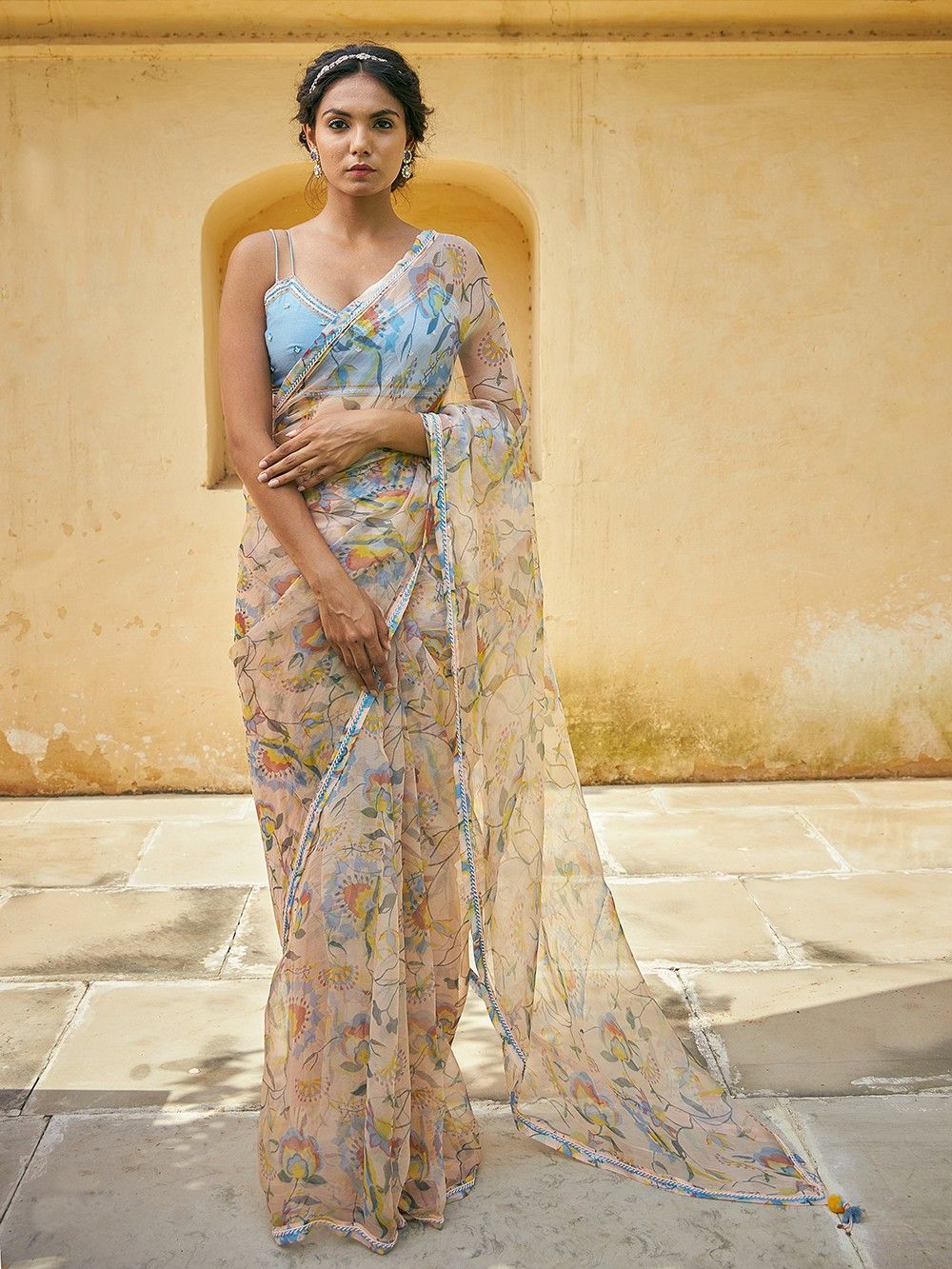 the loom - Peach Printed Organza Saree