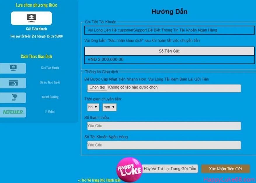 Hướng dẫn nạp tiền HappyLuke