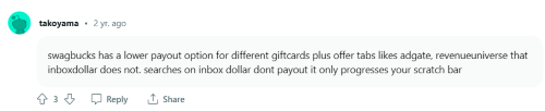 Person on Reddit explaining that Swagbucks has a lower payout threshold than InboxDollars for free Starbucks gift cards. 