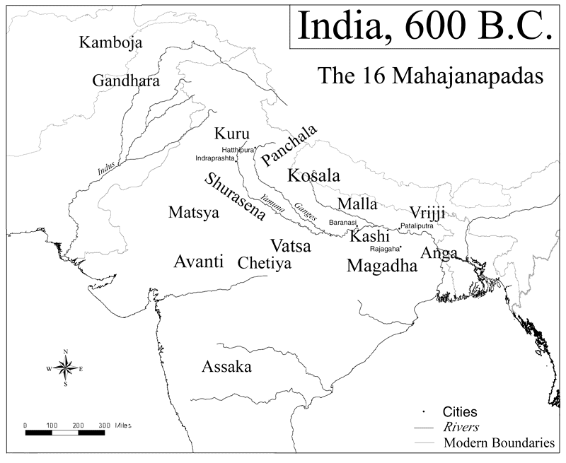The most powerful states of the sixth century BCE | Mahajanapadas refers to the great kingdoms and oligarchies stretching along the Indo-Gangetic plains. The two capitals of Magadha–Rajagriha and Pataliputra–are also indicated. | Author: User “Kmusser” | Source: Wikimedia Commons | License: CC BY 2.5